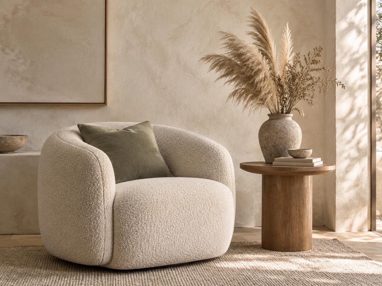 Studio waiting nook with a linen armchair, infused water and dried botanical stems