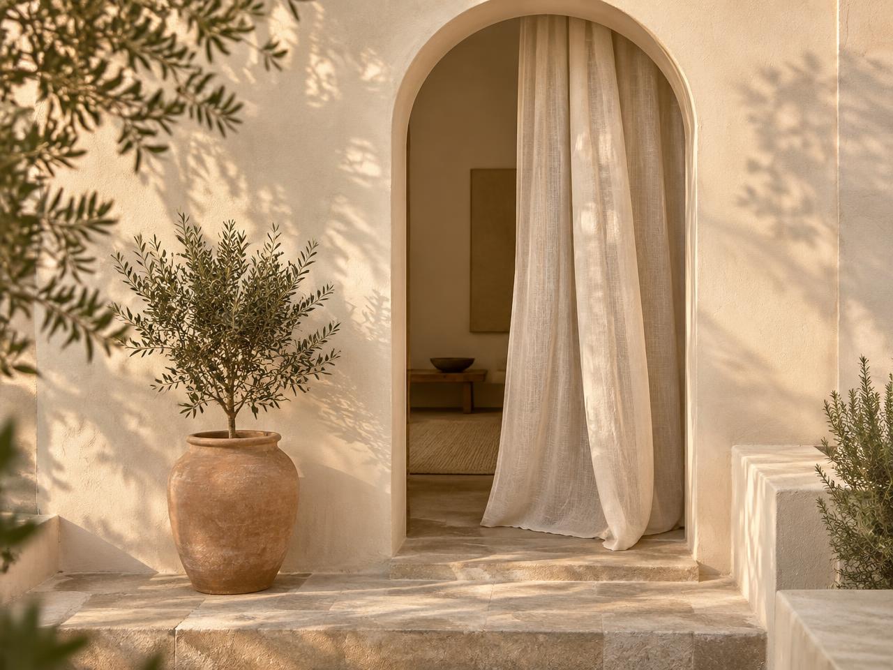 Studio entrance with a dark green glass door, potted olive tree and warm evening light