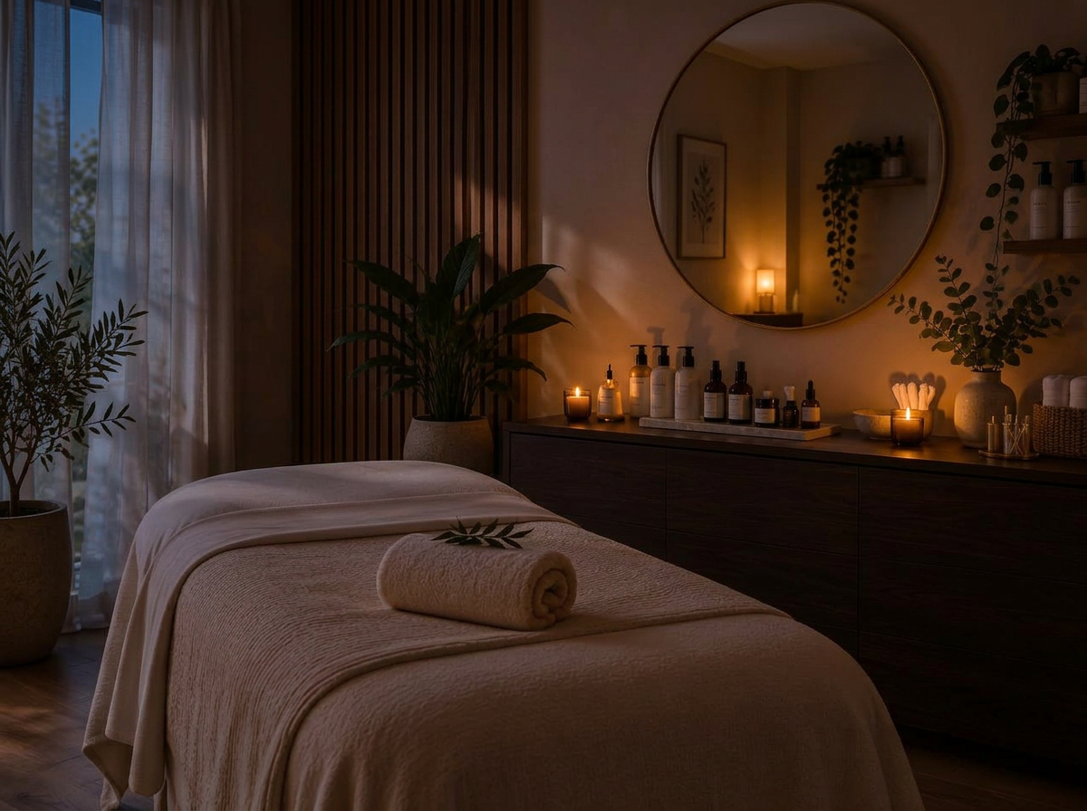 Calm treatment room with a linen-covered bed, round mirror and plants