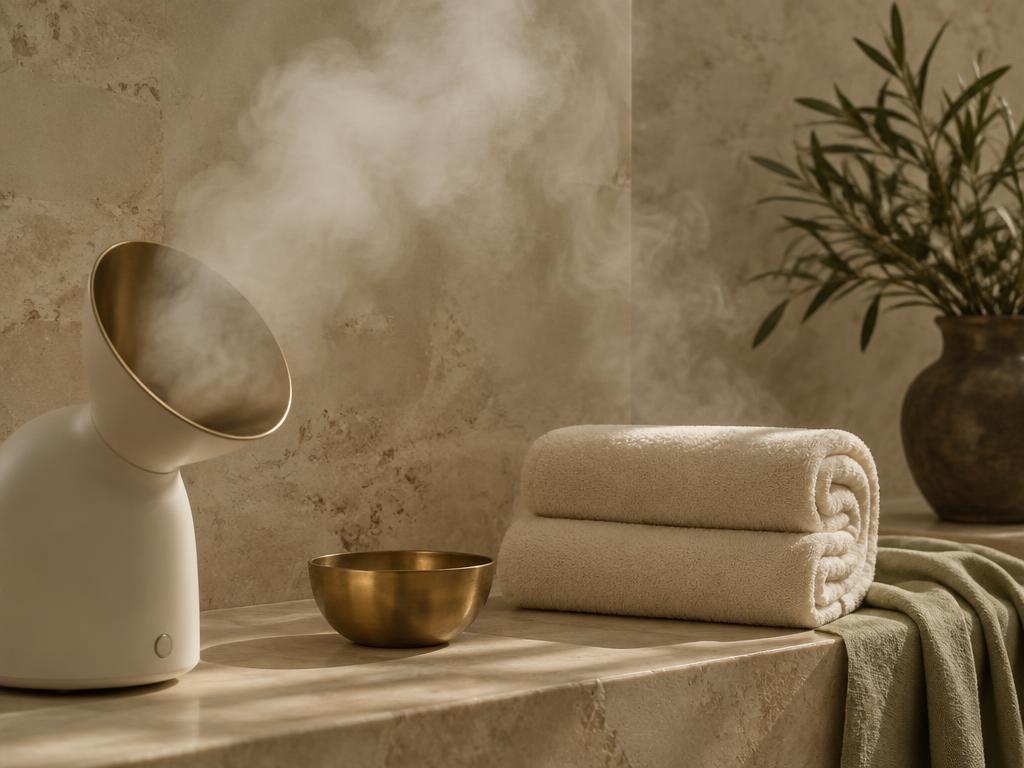 Facial steamer and folded towels in a dim treatment corner with green tile