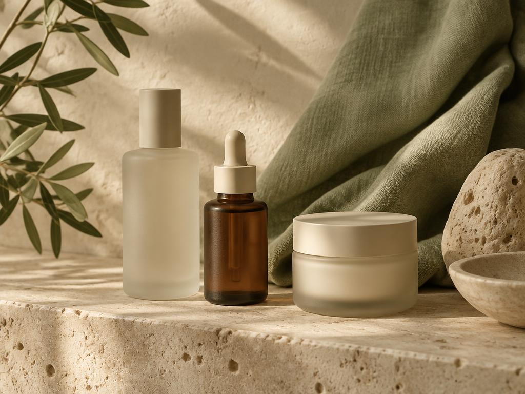 Unbranded serum and cream containers arranged on a limestone ledge